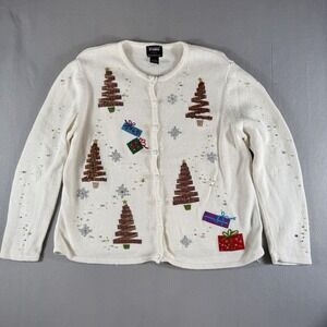 Studio Joy Christmas Tree & Gifts‎ Ugly Sweater Cardigan Women's L Cream